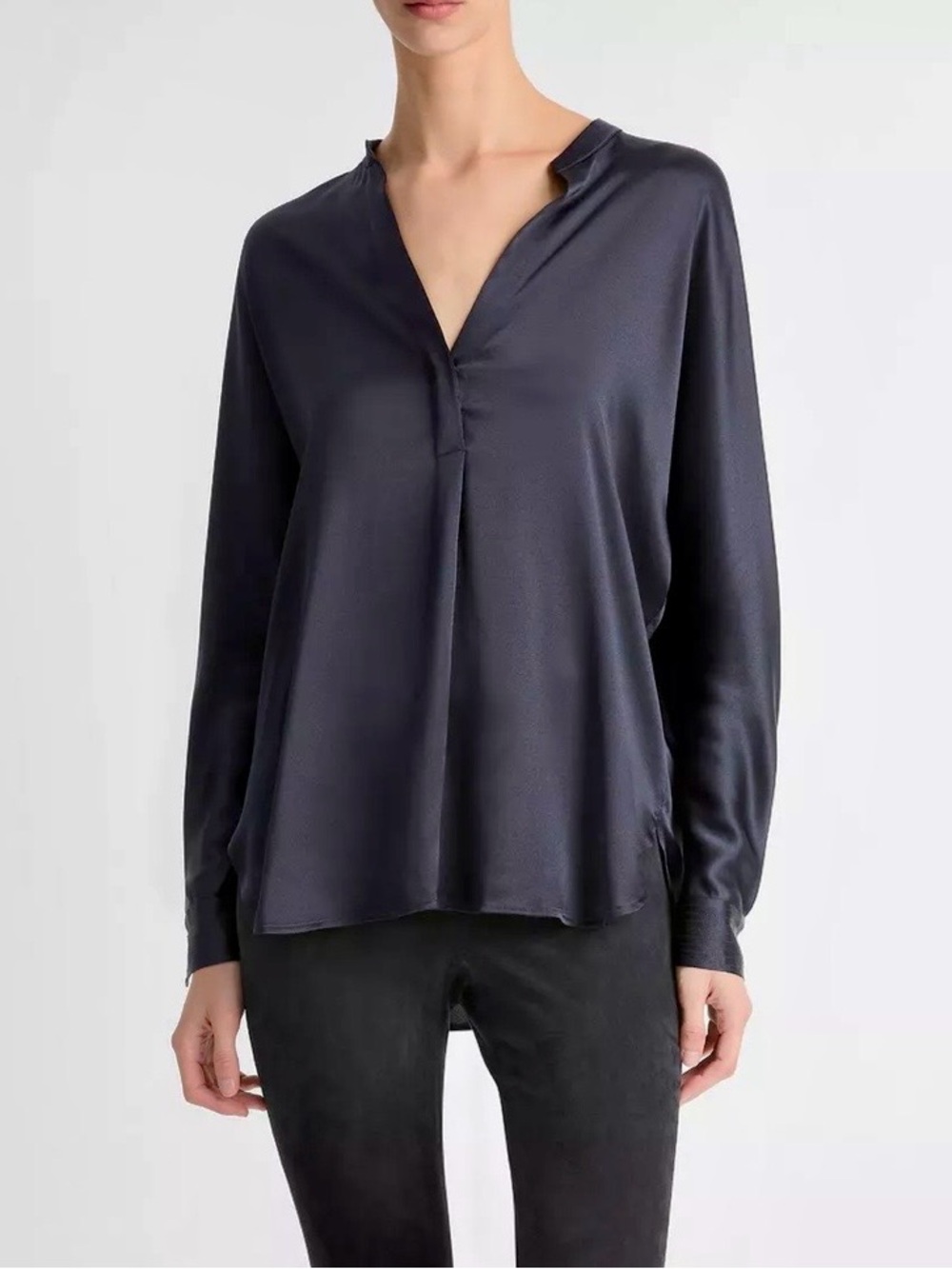 Vince Silk Satin Band Collar Blouse
